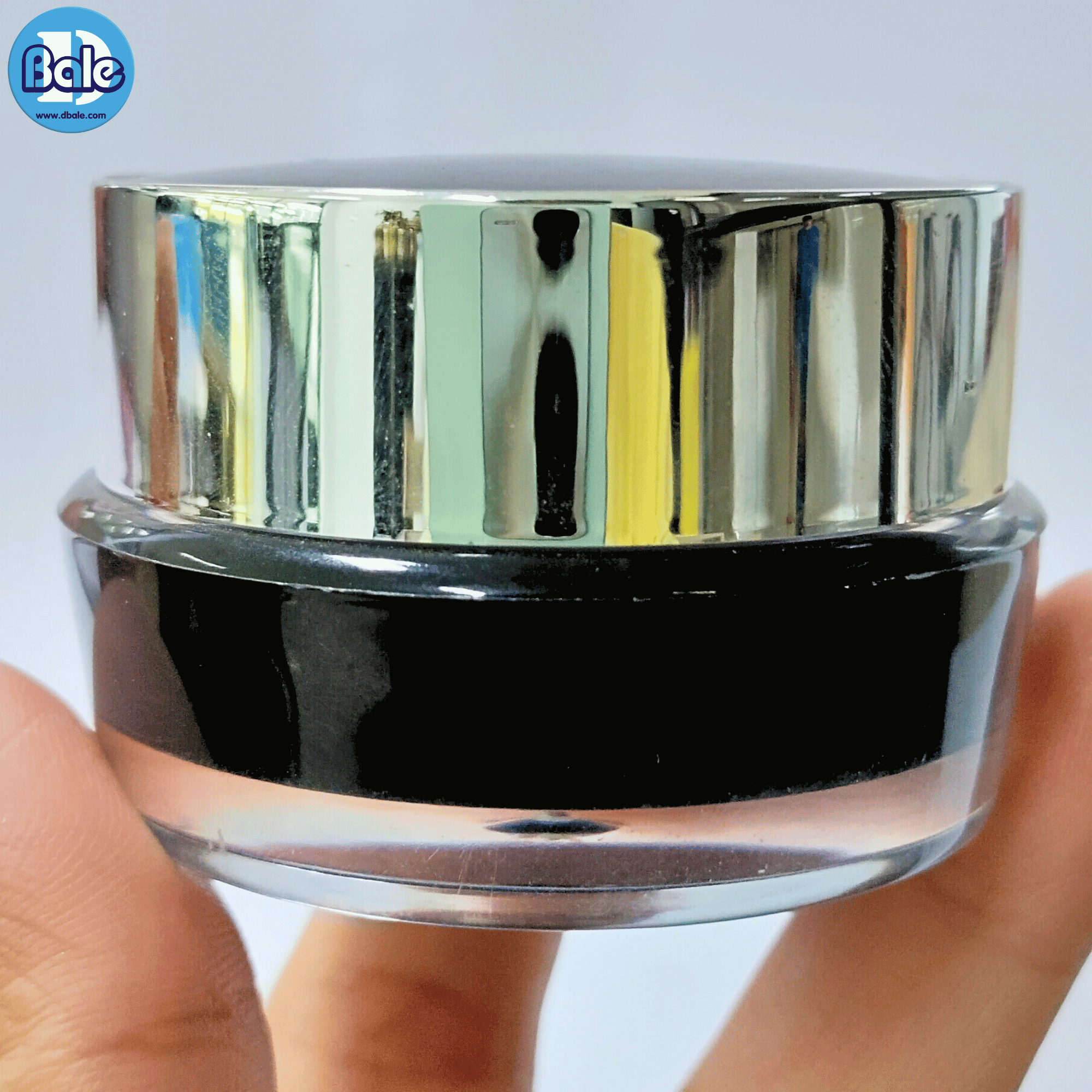 k0128 10g. กระปุกครีมอะคริลิกทรงกลมสีดำฝาขอบเงินเงา 10g.