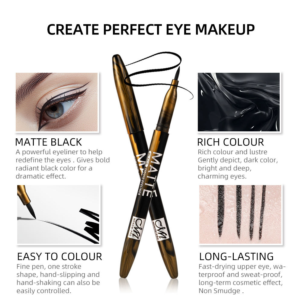 *เนื้อแมท กันน้ำ* Matte black liquid eyeliner อายไลเนอร์เนื้อแมทสูตรกันน้ำสีดำสนิท จากมีนาว กันน้ำกันเหงื่ออายไลเนอร์จึงไม่เลอะเปื้อน ให้ทุกสัมผัสการกรีดสม่ำเสมอไม่ขาดตอน ตวัดเส้นเล่นลวดลายโฉบเฉี่ยวได้ดั่งใจ