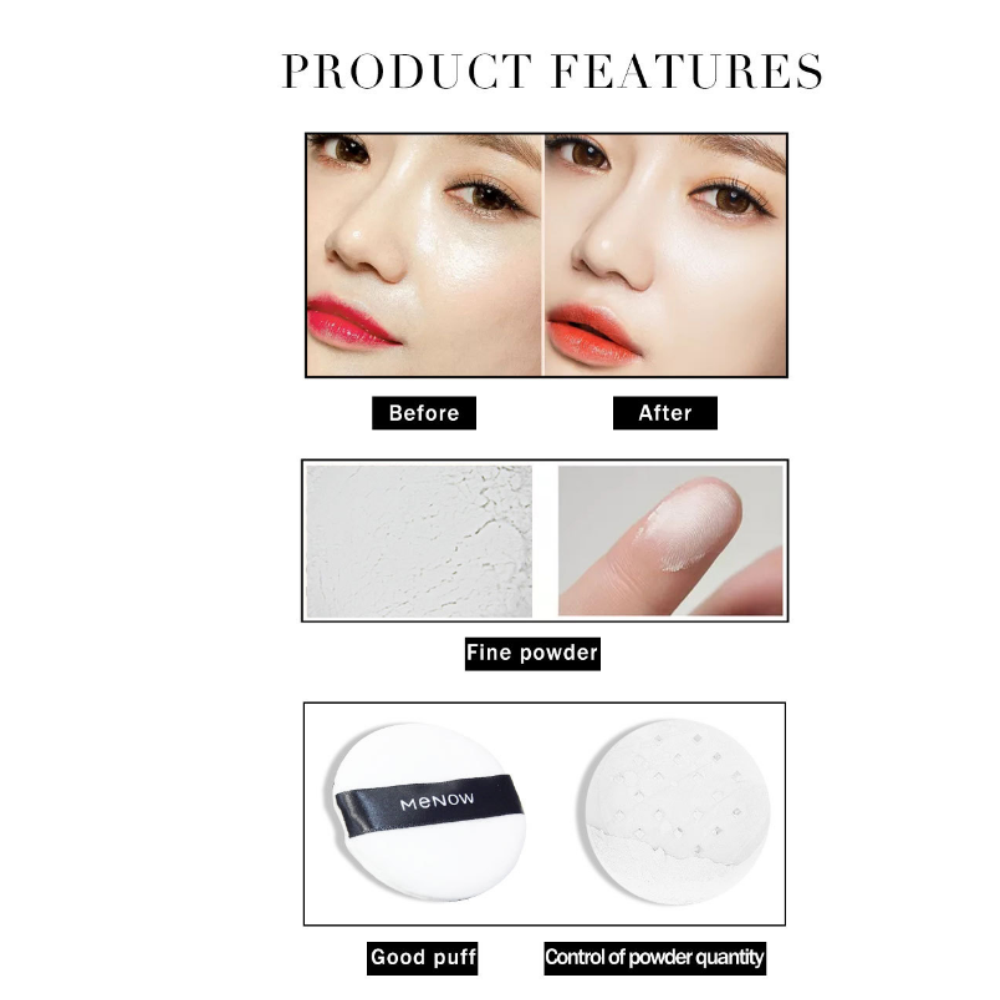 ขายปลีกส่ง เครื่องสำอาง?แท้/พร้อมส่ง ?แป้งฝุ่นควบคุมความมันตลอดวัน บางเบาไม่อุดตันผิว เนื้อละเอียดโปร่งแสง สัมผัสเนียนนุ่มดุจกำมะหยี่ สามารถใช้ได้ทุกสีผิว ไม่ทำให้สีรองพื้นเพี้ยน เผยผิวเรียบเนียนอย่างเป็นธรรมชาติ MENOW White Color Loose Powder Long Lasting wear