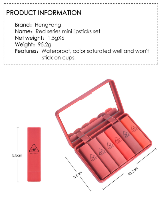 (1set/6แท่ง)ลิปสติกเนื้อเงา มันวาว ติดทน สีแน่น สวย เติมเสน่ห์ให้ริมฝีปากคุณน่าสัมผัส ลิปสติกสีสวย สะกดทุกสายตาให้คุณโดนเด่น เครื่องสำอาง HENGFANG HF9081