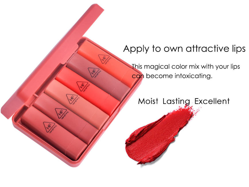 (1set/6แท่ง)ลิปสติกเนื้อเงา มันวาว ติดทน สีแน่น สวย เติมเสน่ห์ให้ริมฝีปากคุณน่าสัมผัส ลิปสติกสีสวย สะกดทุกสายตาให้คุณโดนเด่น เครื่องสำอาง HENGFANG HF9081